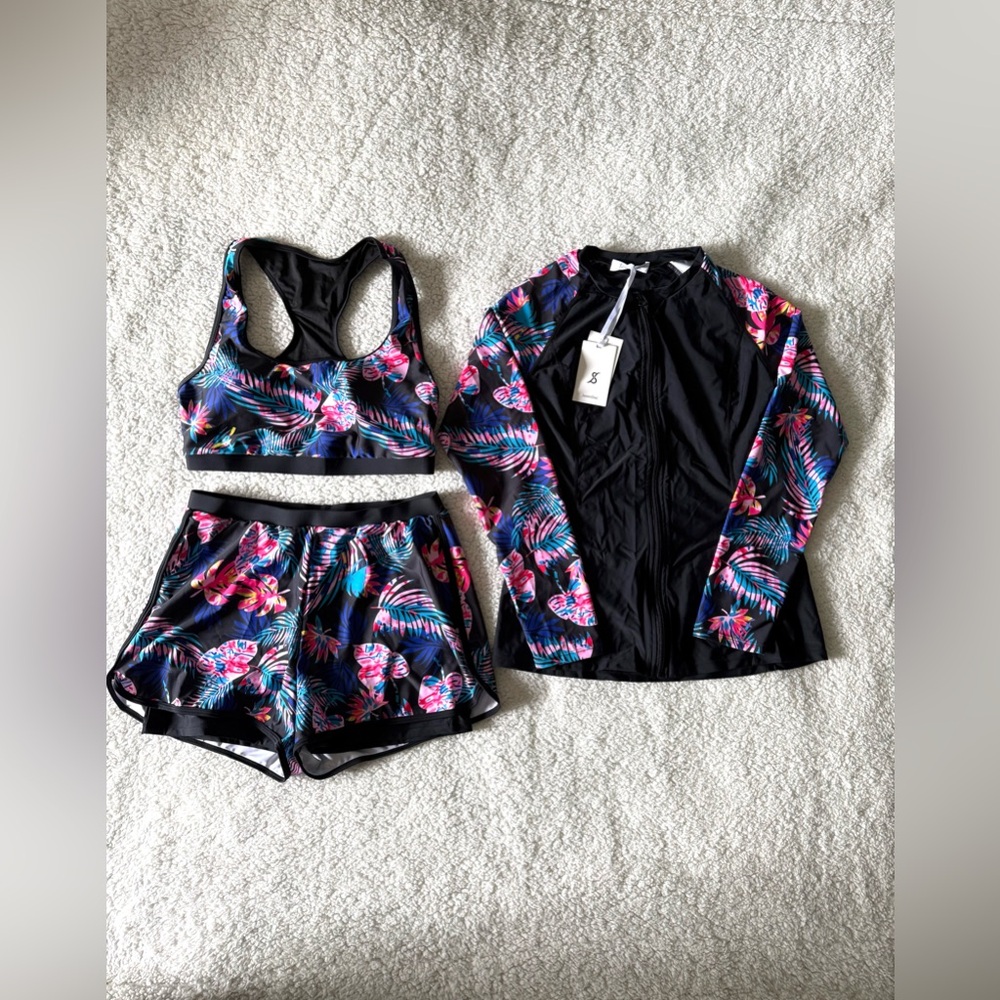 Jasambac Women's 3 Piece Rash Guard Swim Set Size Medium New with Tags